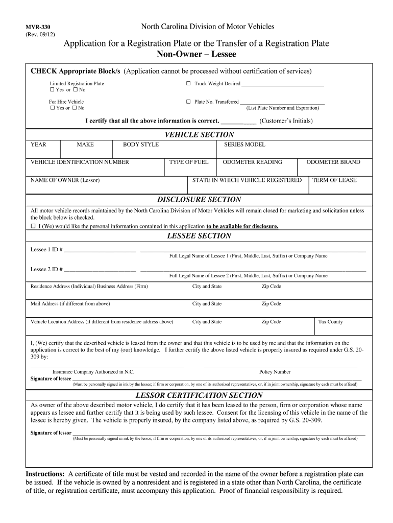  Nc Dmv Form Mvr 330 2012-2024