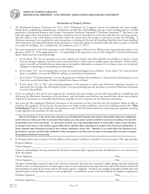 STATE of NORTH CAROLINA RESIDENTIAL PROPERTY and OWNERS ASSOCIATION DISCLOSURE STATEMENT Instructions to Property Owners 1 Ncrec  Form