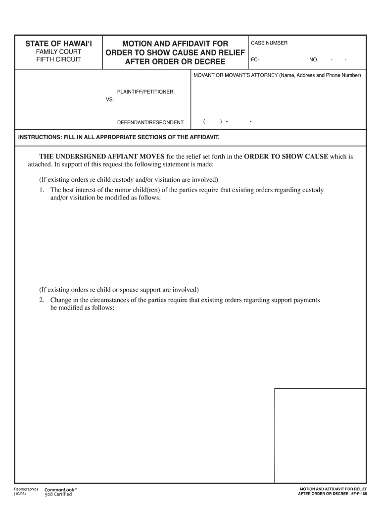 Motion and Affidavit for Order to Show Cause and Relief After Order or  Form