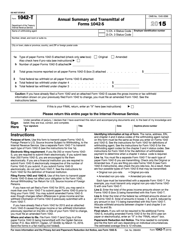  Form 1042 T Annual Summary and Transmittal of Forms 1042 S Irs 2011