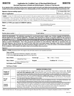 BIRTH BIRTH Application for Certified Copy of Maryland Birth Record Maryland Department of Health and Mental Hygiene Dhmh Maryla  Form
