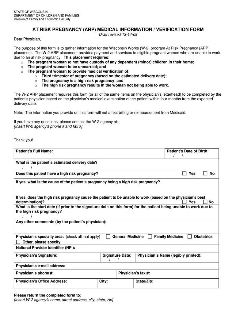  STATE of WISCONSIN DEPARTMENT of CHILDREN and FAMILIES Division of Family and Economic Security at RISK PREGNANCY ARP MEDICAL in 2009-2024