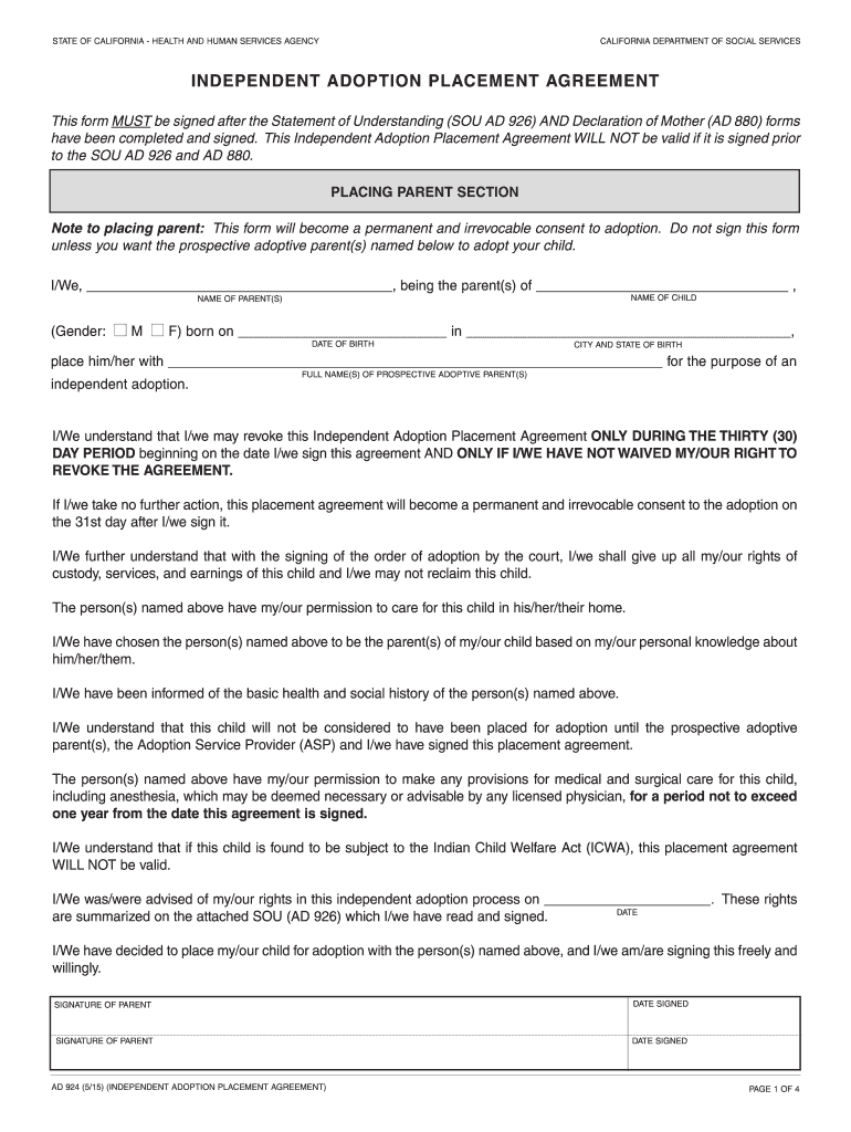 INDEPENDENT ADOPTION PLACEMENT AGREEMENT California  Cdss Ca  Form