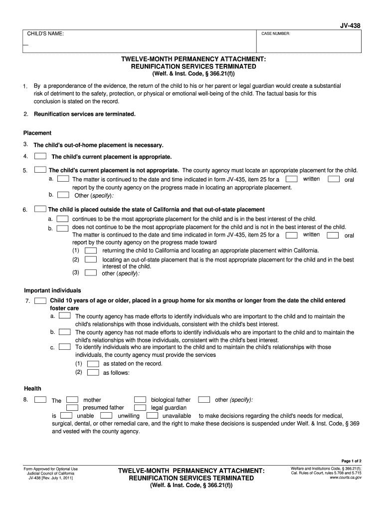  JV 438 Twelve Month Permanency Attachment Judicial Council Forms  Courts Ca 2011