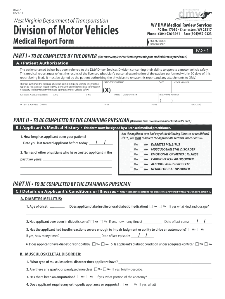 DLAB 1 REV 212 West Virginia Department of Transportation Division of Motor Vehicles WV DMV Medical Review Services PO Box 17030  Form