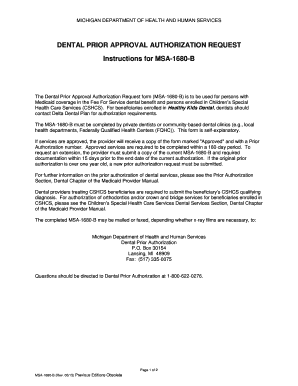 MSA 1680 B DENTAL PRIOR APPROVAL AUTHORIZATION REQUEST Michigan  Form
