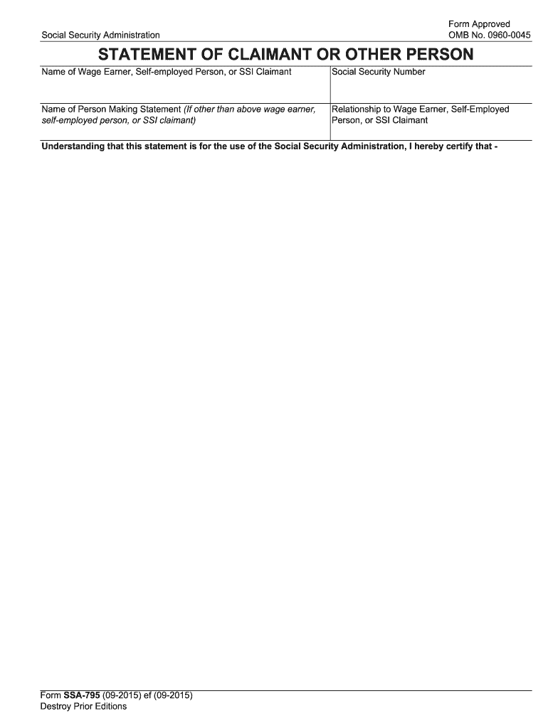 0960 0045 STATEMENT of CLAIMANT or OTHER PERSON NAME of WAGE EARNER, SELF EMPLOYED PERSON, or SSI CLAIMANT SOCIAL SECURITY NUMBE  Form