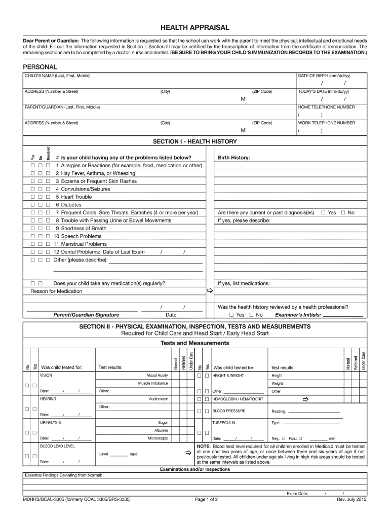  Health Appraisal Form Michigan 2015-2024