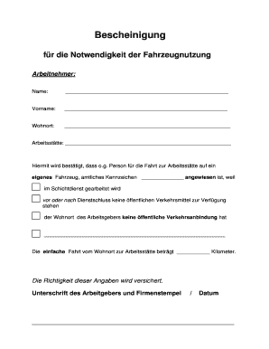 Bescheinigung F R Die Notwendigkeit Der Fahrzeugnutzung  Form