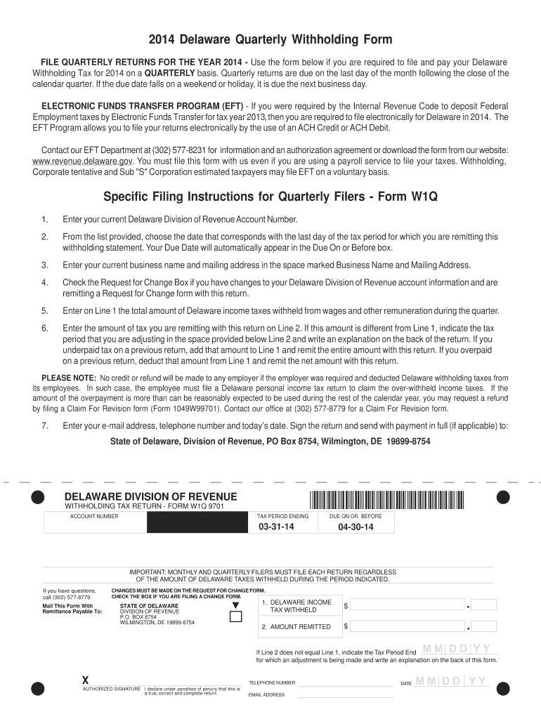  Delaware Quarterly Withholding Form W1q 9701 2020