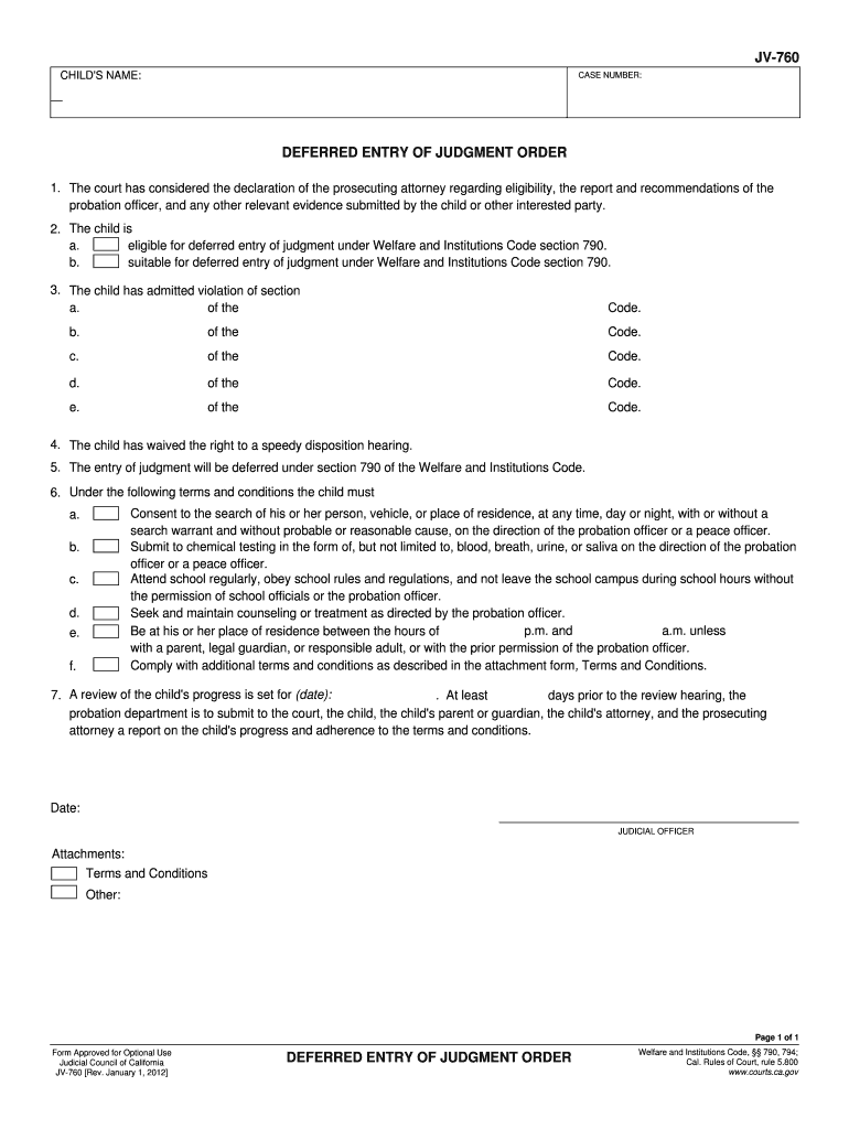 JV 760 CHILD 'S NAME CASE NUMBER DEFERRED ENTRY of JUDGMENT ORDER 1 Courts Ca  Form