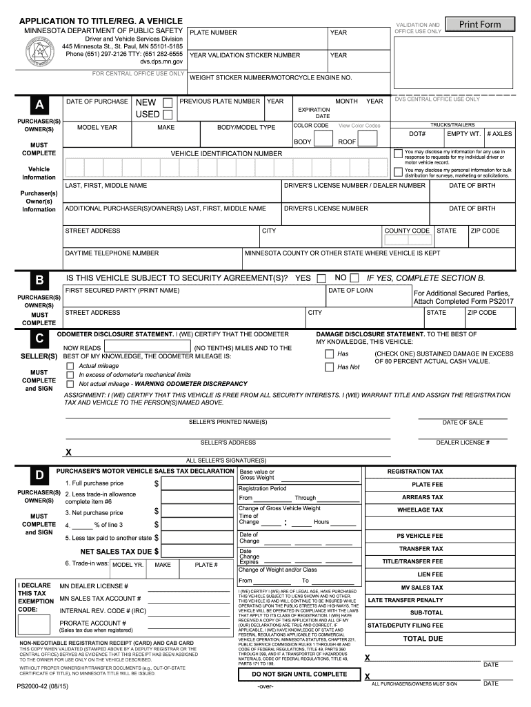 Minnesota Vehicle Registration  Form