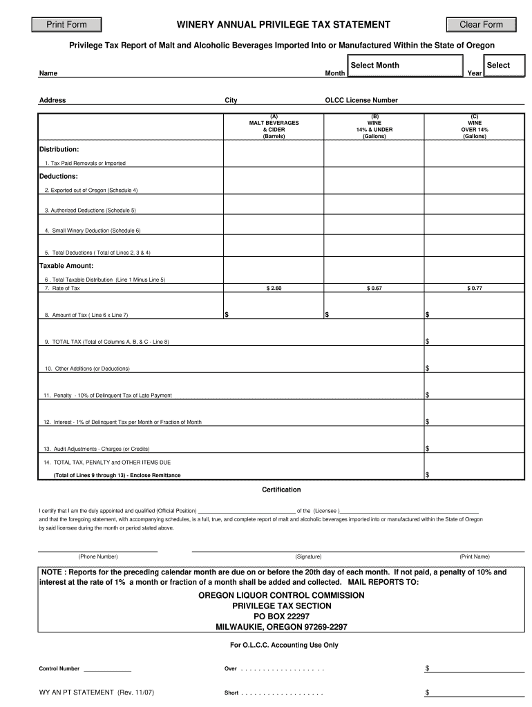  WINERY ANNUAL PRIVILEGE TAX STATEMENT  Oregon Gov  Oregon 2007