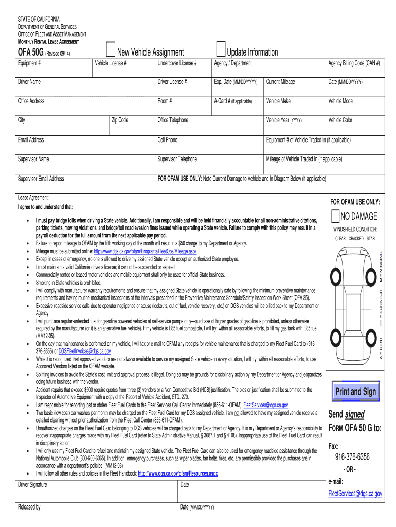 STATE of CALIFORNIA DEPARTMENT of GENERAL SERVICES OFFICE of FLEET and ASSET MANAGEMENT MONTHLY RENTAL LEASE AGREEMENT OFA 50G R  Form