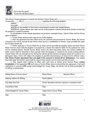 CITY of TUCSON City of Tucson Tucson Water Owner Tenant Tucsonaz  Form