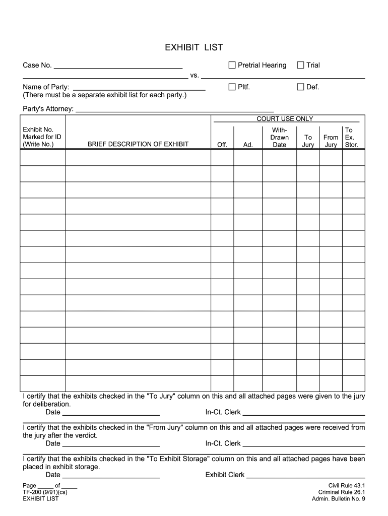  TF 200 Exhibit List Trial Prep 1991