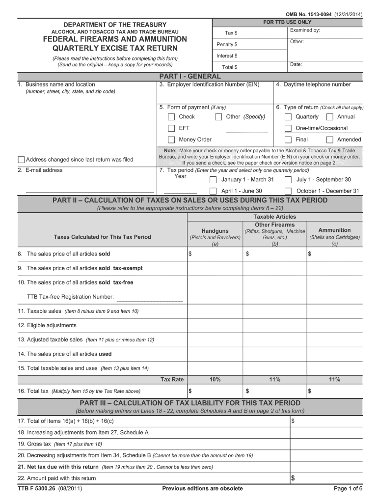 1513 0094 1231 for TTB USE ONLY DEPARTMENT of the TREASURY ALCOHOL and TOBACCO TAX and TRADE BUREAU Examined by Tax $ FEDERAL FI  Form
