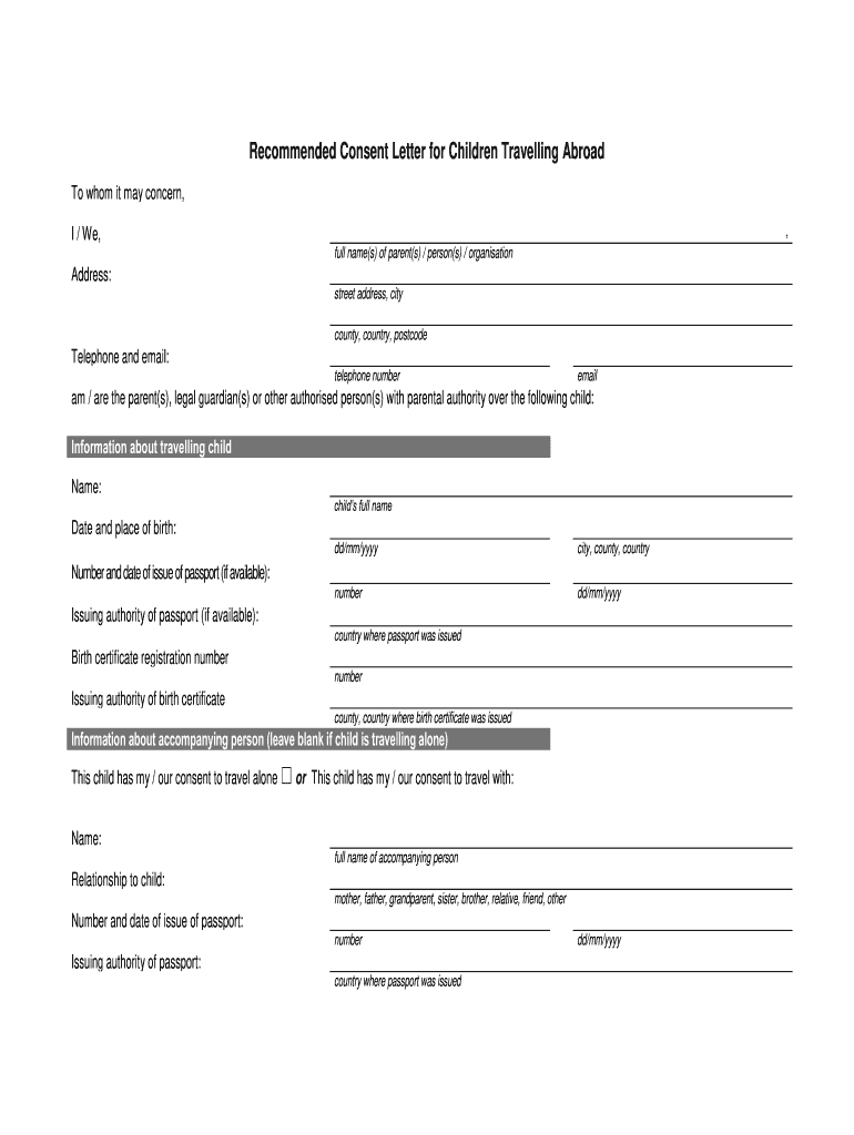Consent for the Child to Travel Abroad PDF  Form
