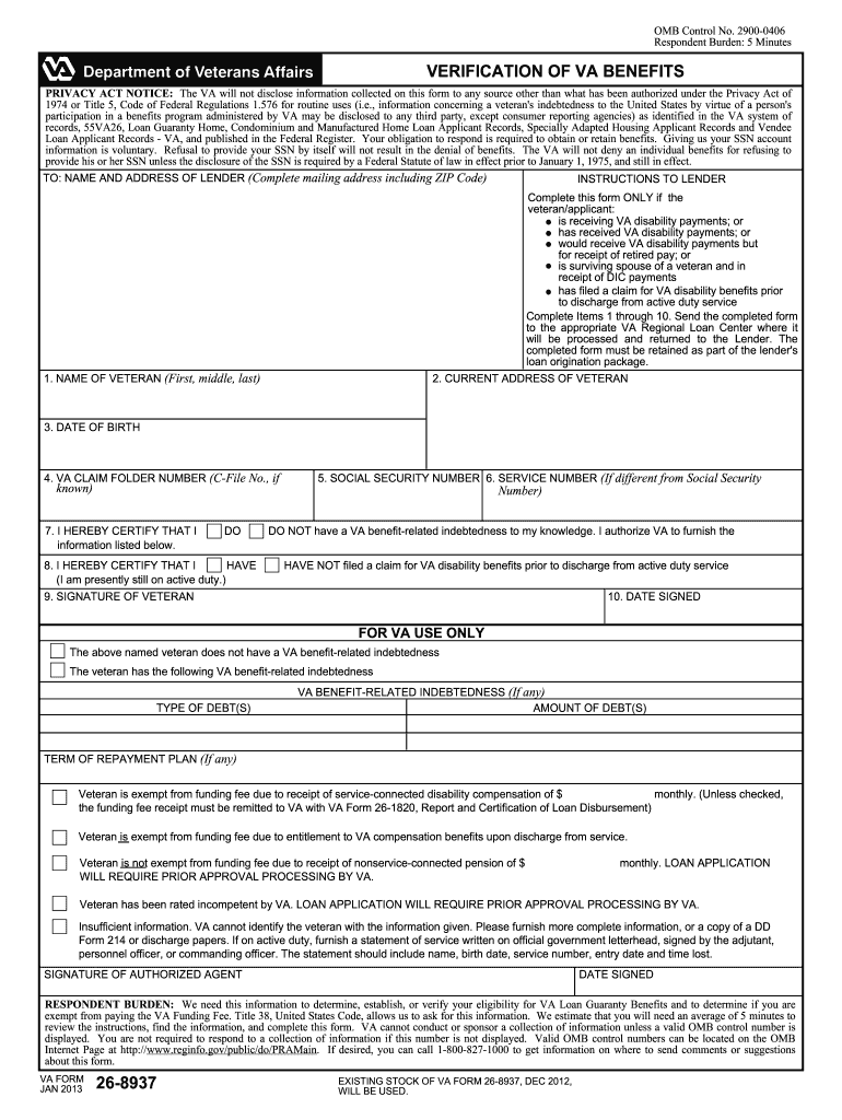  VA Form 26 8937  Veterans Benefits Administration  Vba Va 2013
