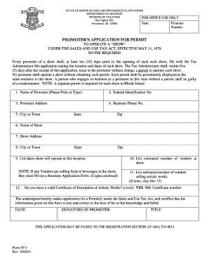  Promoters Application for Permit to Operate a Show Tax Ri 2013