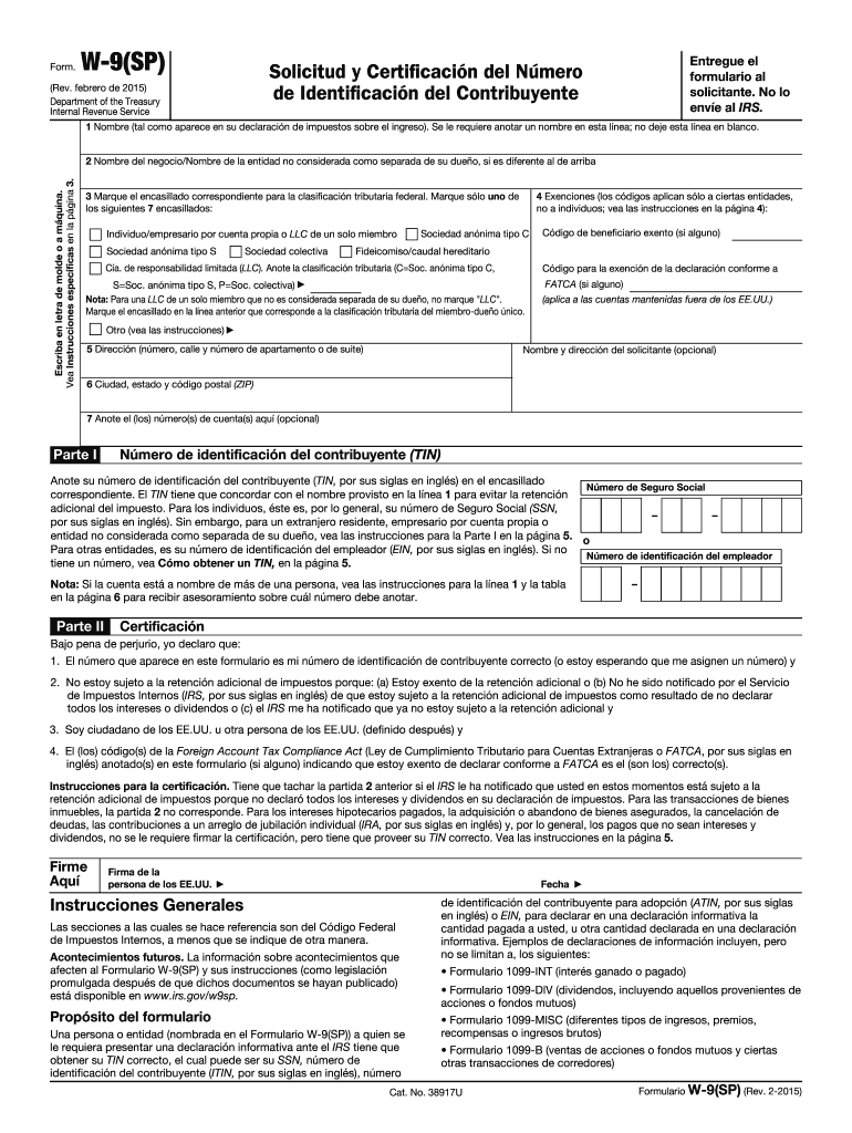 Form W 9 SP Rev February Request for Taxpayer Identification Number and Certificate Spanish Version Irs