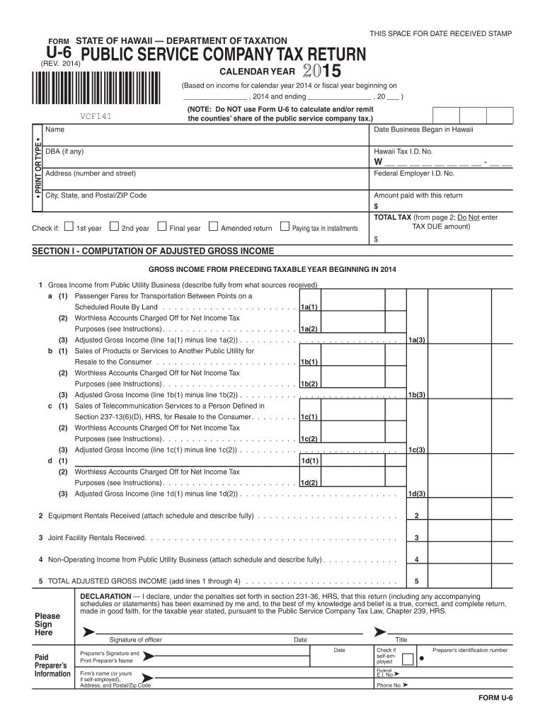  Form U 6, Rev , Public Service Company Tax Return Forms  Fillable 2014
