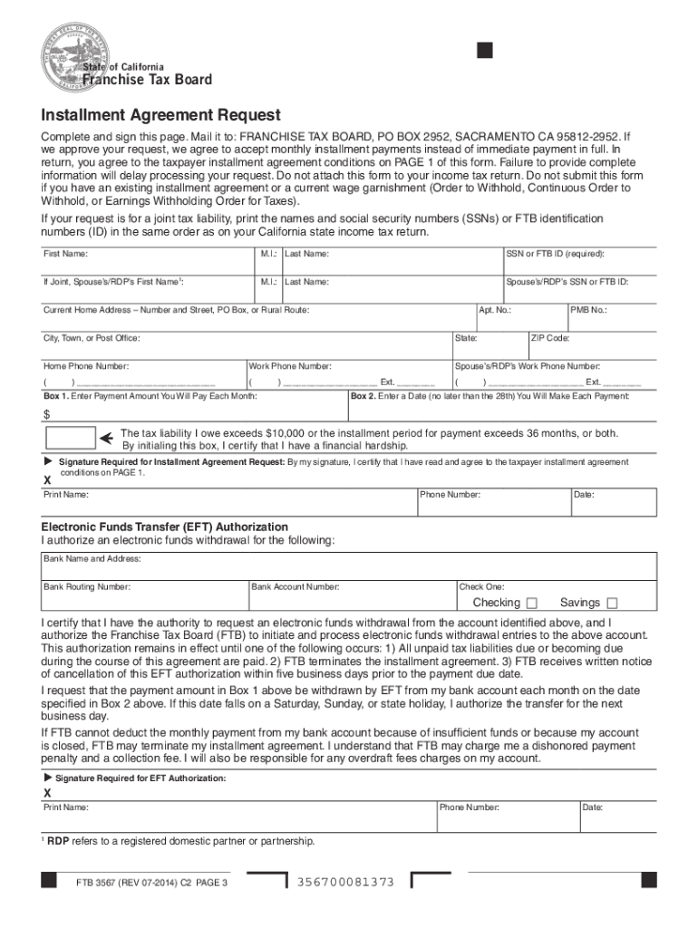 FTB 3567 Installment Agreement Request Installment Agreement Request Ftb Ca  Form