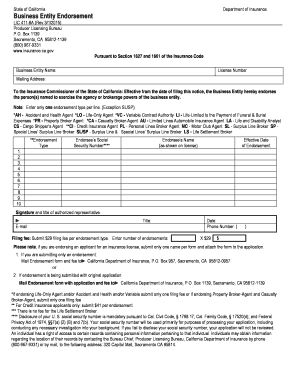  Business Entity Endorsement, Form LIC 411 8A Insurance Ca 2015