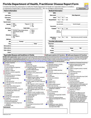 Complete the Following Information to Notify the Florida Department of Health of a Reportable Disease or Condition,