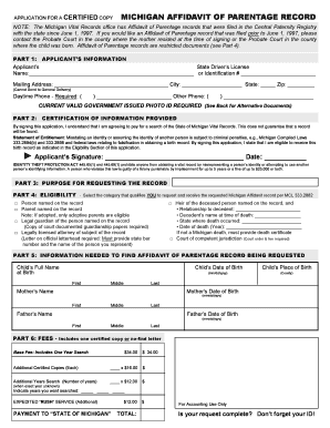  Michigan Affidavit of Parentage Record State of Michigan Michigan 2014