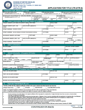 APPLICATION for TITLE TR 2TR 9 CONTINUED on BACK Dmv Ri  Form