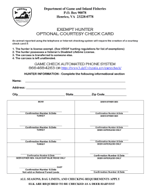 PERSONAL CHECK CARD for EXEMPT HUNTERS Virginia Dgif Virginia  Form