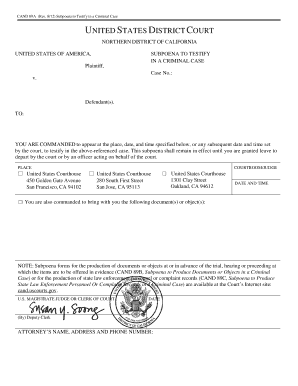  CAND 89A Subpoena United States District Court, Northern District Cand Uscourts 2012