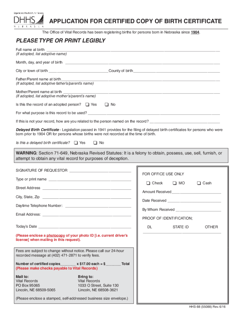  Nebraska Birth Certificate Application PDF Fill Online 2016-2024
