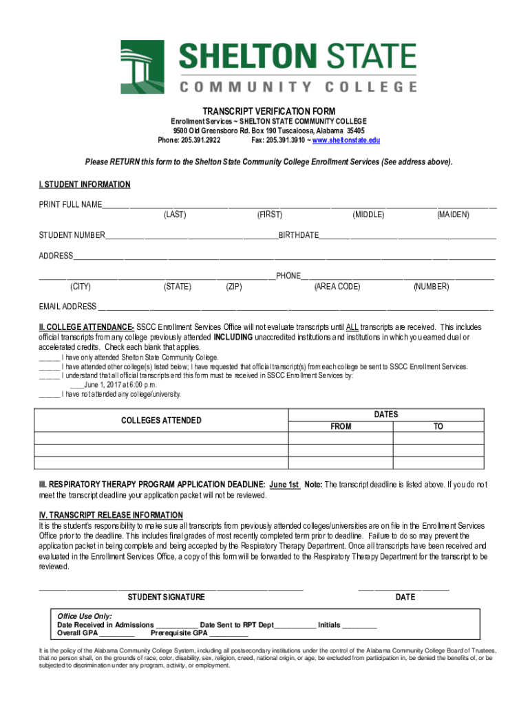  Fillable Online TRANSCRIPT VERIFICATION FORM Fax 2017-2024