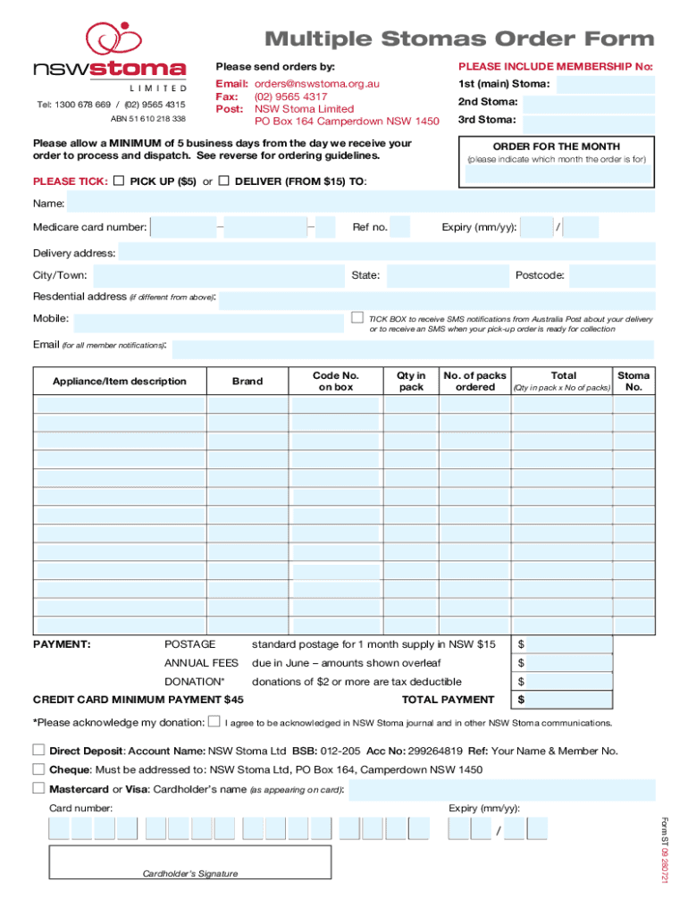 Multiple Stomas Order Form