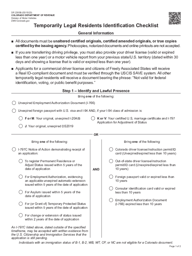 DR 2300B and Temporarily Legal Residents Identification Checklist  Form