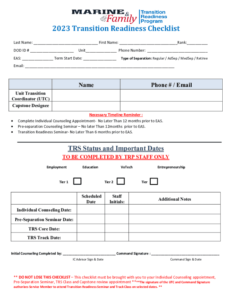 TRANSITION CENTER CHECKLIST U S Army Garrisons  Form