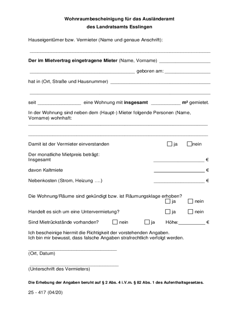 Wohnraumbescheinigung for Foreigners Office  Form