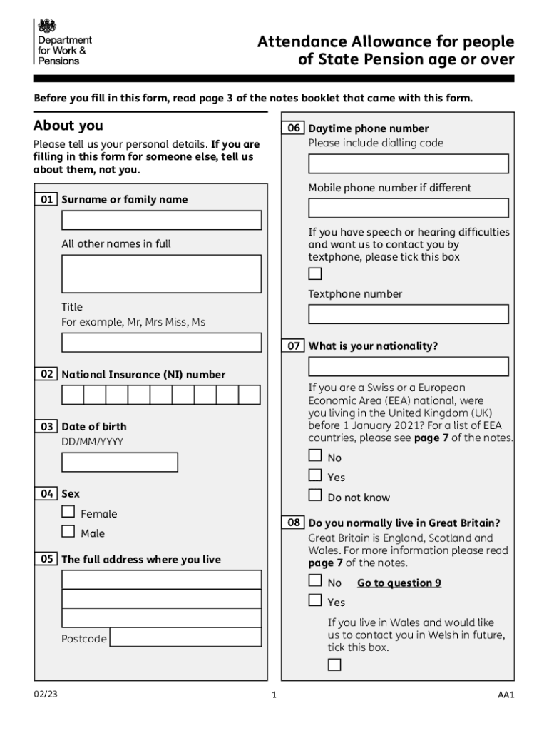  AA1A Attendance Allowance for People of State Pension Age or over 2023-2024