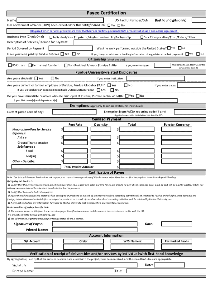 Payee Certification NameUS Tax ID NumberSSNHas  Form