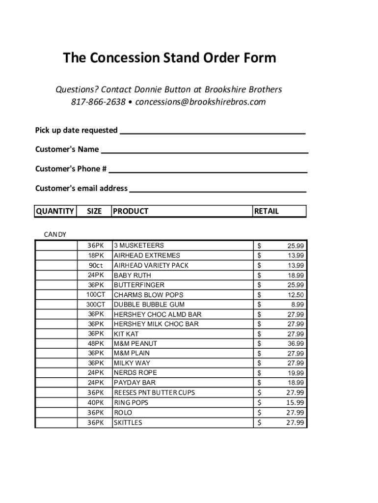 The Concession Stand Order Form Questions? Contact