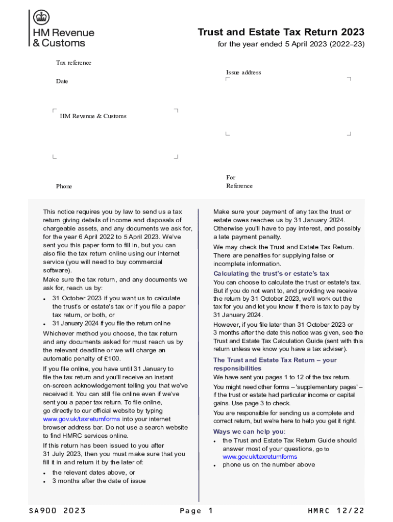  Sa900man Use Form SA900 to File a Tax Return for a Trust or Estate for the Tax Year Ended 5 April 2023-2024