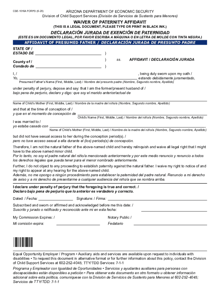  CSE 1016A Waiver of Paternity Affidavit EnglishSpanish Waiver of Paternity Affidavit EnglishSpanish 2020-2024