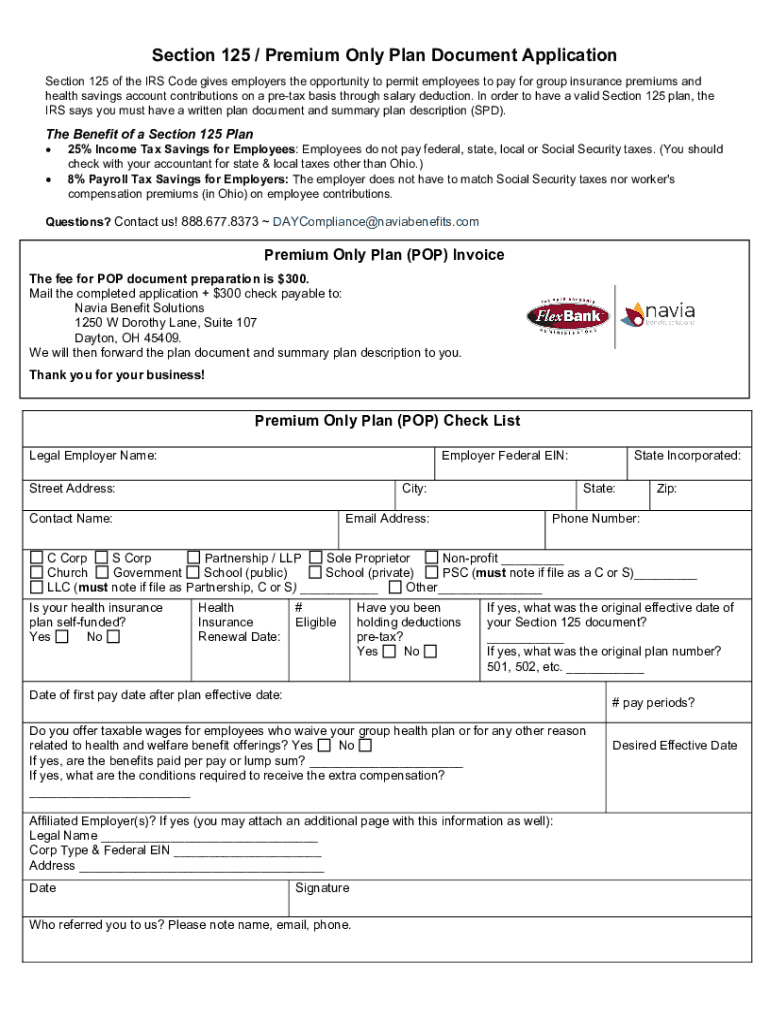  Section 125 Premium Only Plan Document Application 2021-2024