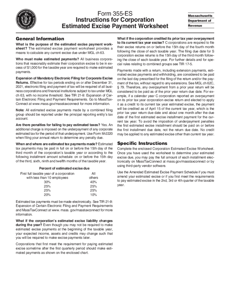  Form 355ES Instructions for Corporation Estimated 2023-2024