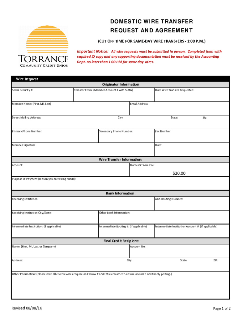 Domestic Wire Transfer Request and Agreement Wire Transfer Form