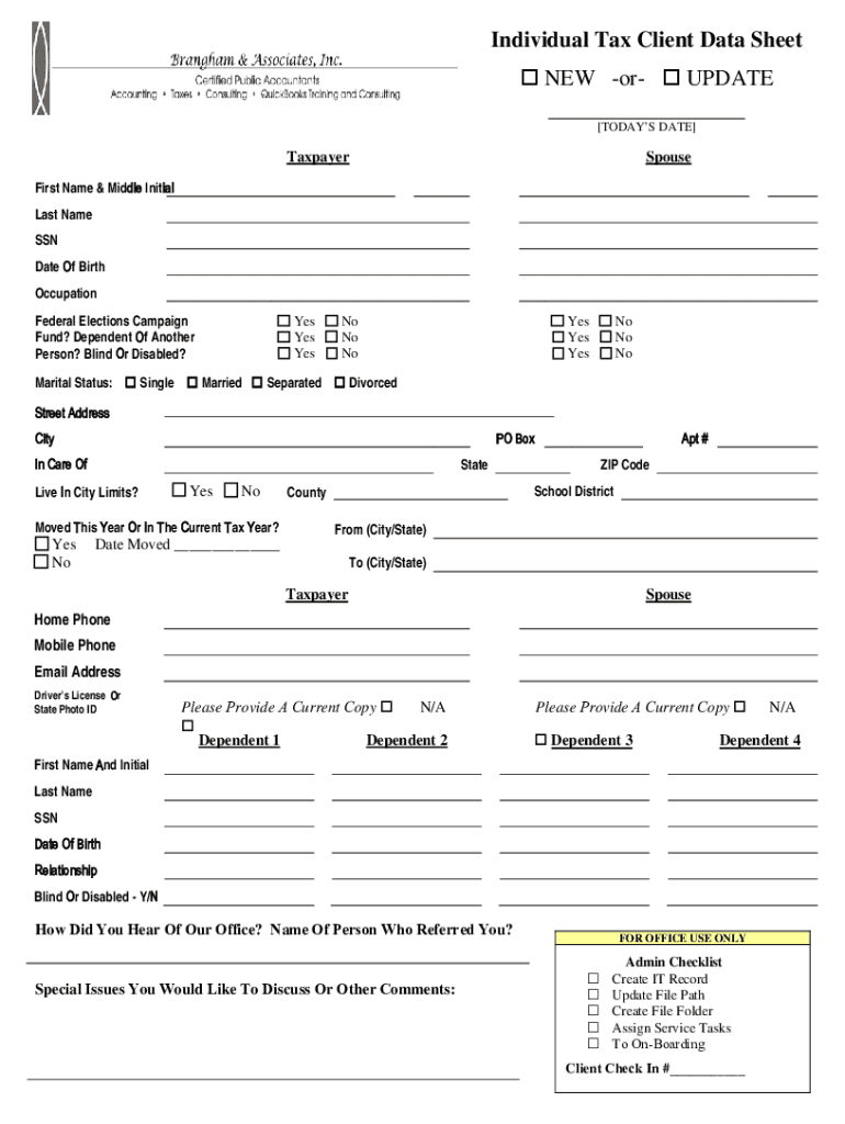  Individual Tax Client Data Sheet NEW or UPDATE 2019-2024