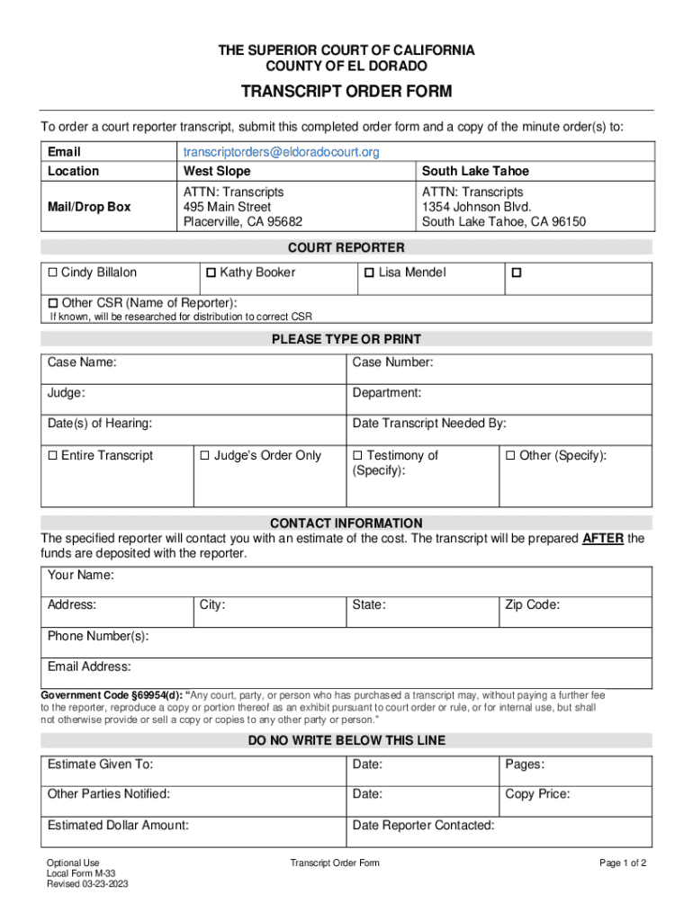 Reporter Transcript Request Superior Court of California,  Form