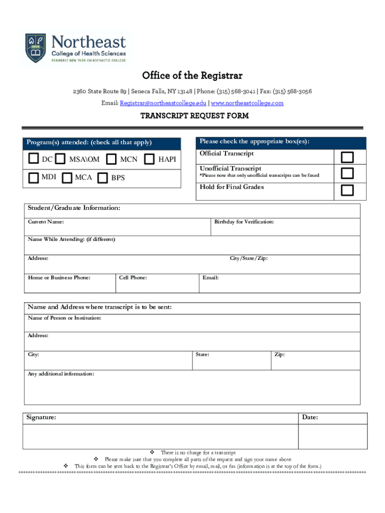 Office of the Registrar TRANSCRIPT REQUEST FORM